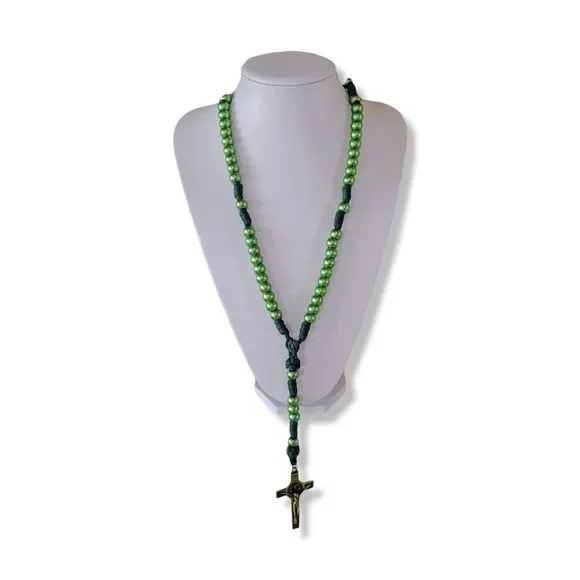 Round Green Beads Green Corded Celtic Rosary - Picture 2 of 6